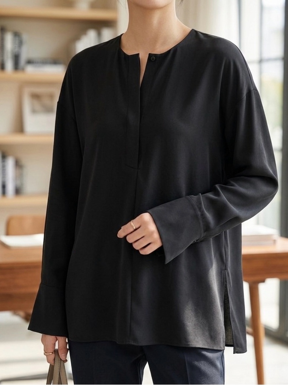 Vince Black Silk Long Sleeve Split Neck Blouse Top Size S